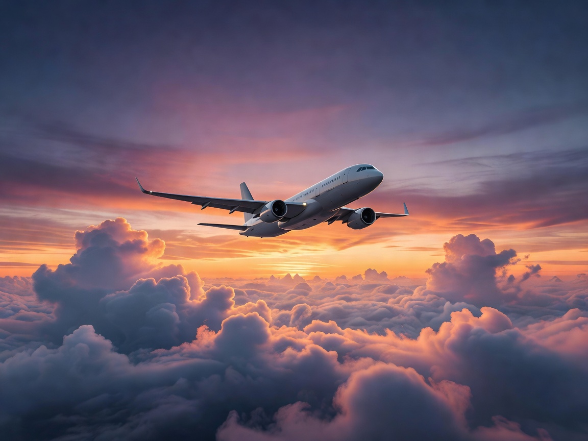 Airplane window view overlooking clouds at sunset