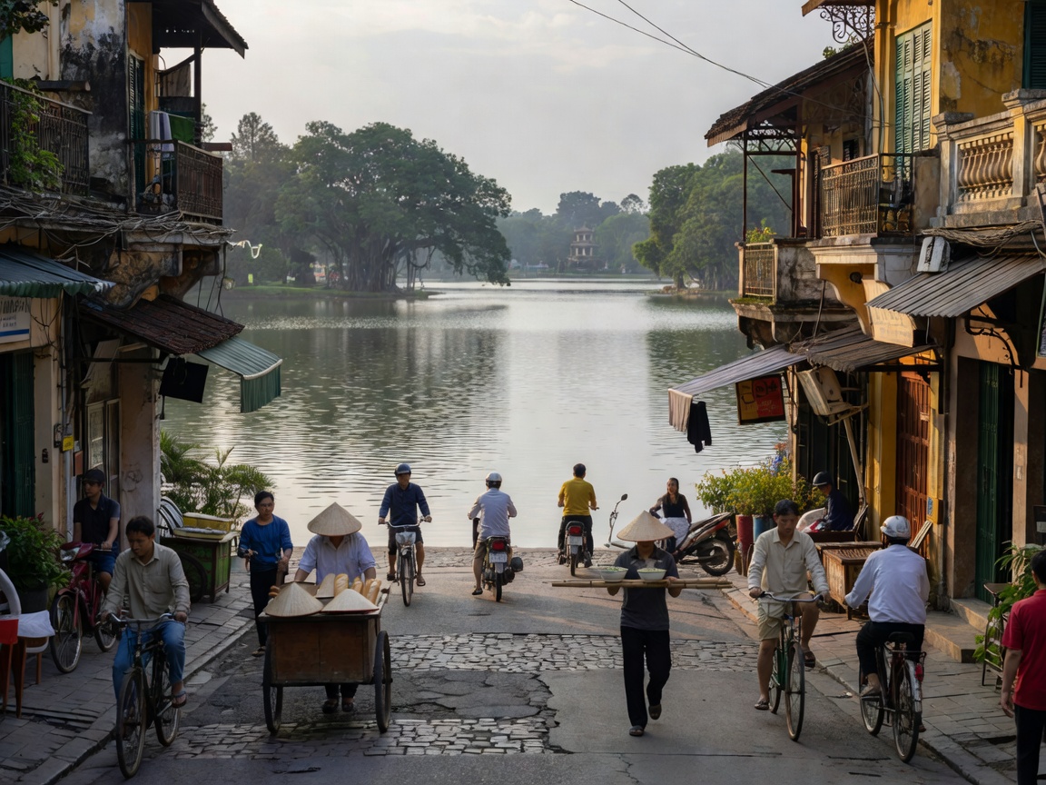 Hanoi Vietnam Old Quarter Lake view street scene