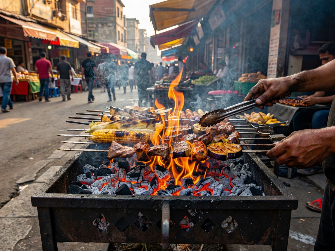 Delicious street food dishes served hot outdoors