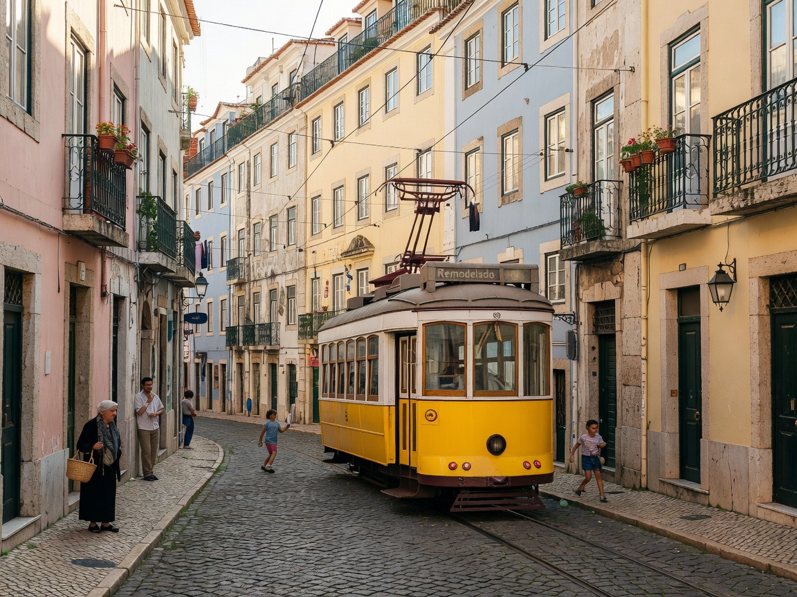 Lisbon yellow tram navigating narrow historic neighborhood