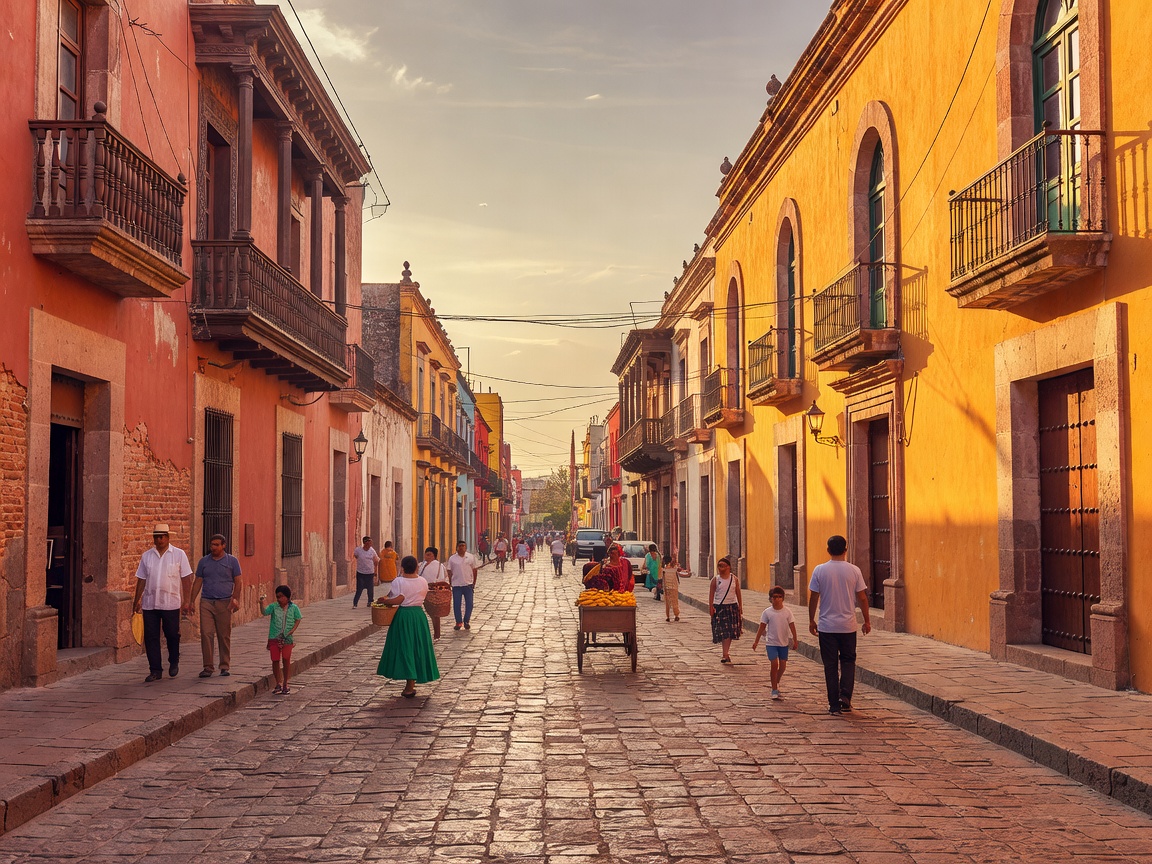 Historic colonial architecture and vibrant cobblestone street in Oaxaca City, Mexico