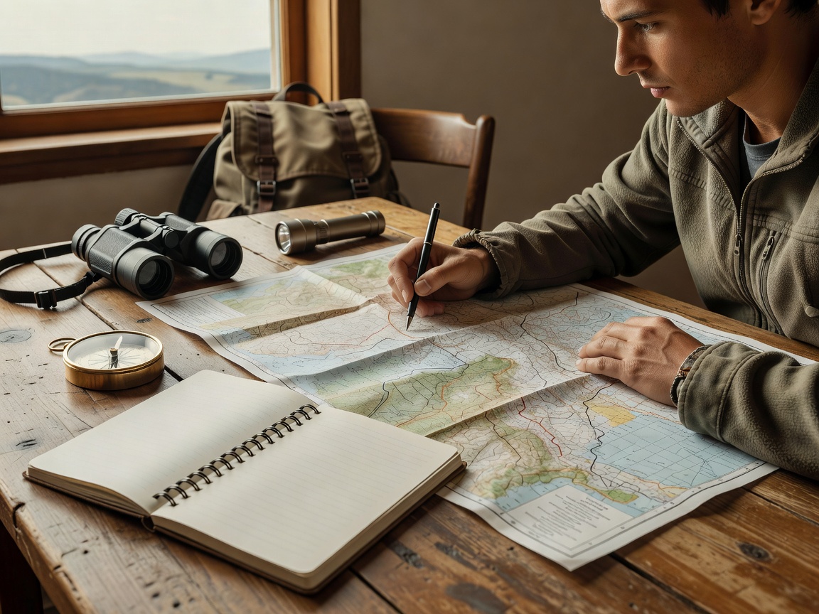 Person planning trip with map, compass, and notebook