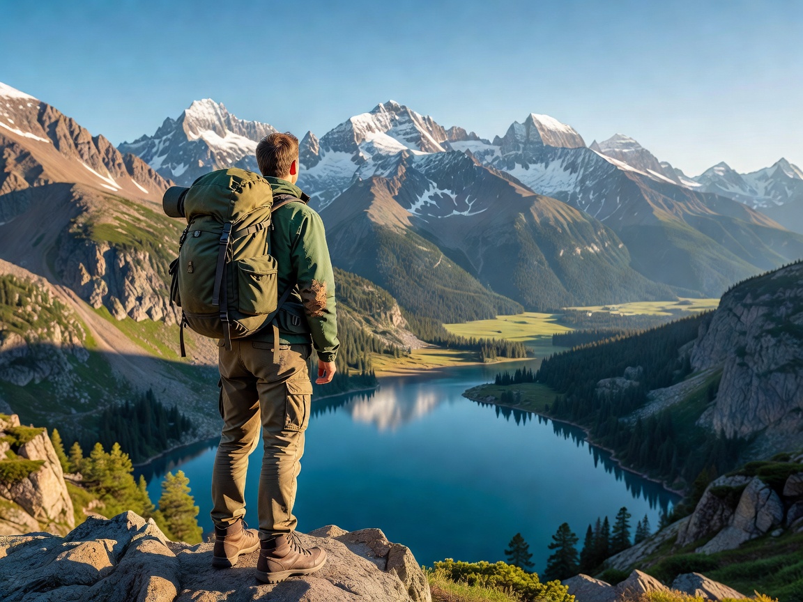 Traveler with backpack overlooking scenic mountain landscape